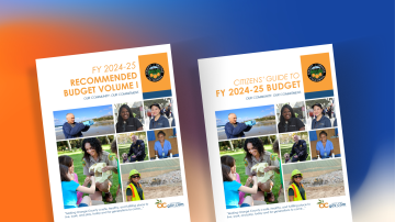 Two book covers shown side-by-side over a background blended with orange, blue and white. The left side cover is titled Fiscal Year 2024 to 2025, Recommended Budget Volume 1. The right side book cover is titled Citizens' Guide to Fiscal Year 2024 to 2025 Budget
