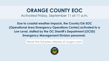 Due to coastal weather impacts, the County/OA EOC (Operational Area Emergency Operations Center) activated to a Low Level, staffed by the OC Sherriff’s Department (OCSD) Emergency Management Division personnel. 