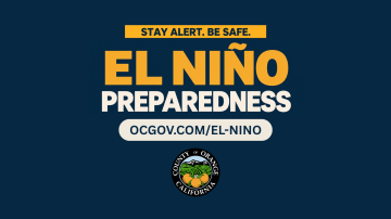 Promotional image with text reading "Stay Alert. Be Safe. El Niño Preparedness." With a URL link to www.ocgov.com/el-nino.