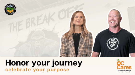 YouTube video cover for OC Cares featuring two speakers promoting recovery and personal growth with the text “Honor your journey, celebrate your purpose.”