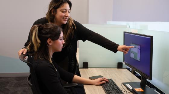 photo of a workforce employee pointing at the computer showing job resources to a client