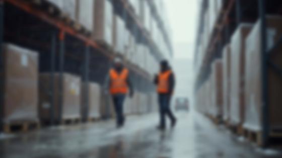 Two workers inspecting outside warehouse in the rain.