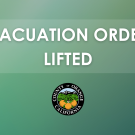contains a message stating "EVACUATION ORDERS LIFTED" with the seal of Orange County, California, at the bottom. The background is a gradient of green shades.