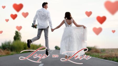 one man and one woman, wearing white attire for a wedding, holding hands, skipping down a road, surrounded by floating heart cartoons