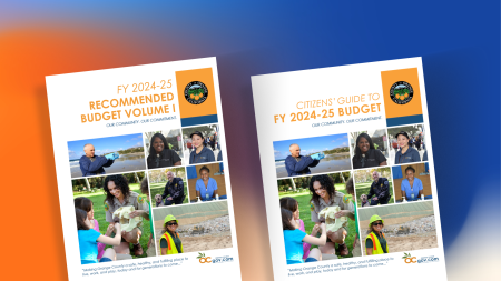 Two book covers shown side-by-side over a background blended with orange, blue and white. The left side cover is titled Fiscal Year 2024 to 2025, Recommended Budget Volume 1. The right side book cover is titled Citizens' Guide to Fiscal Year 2024 to 2025 Budget